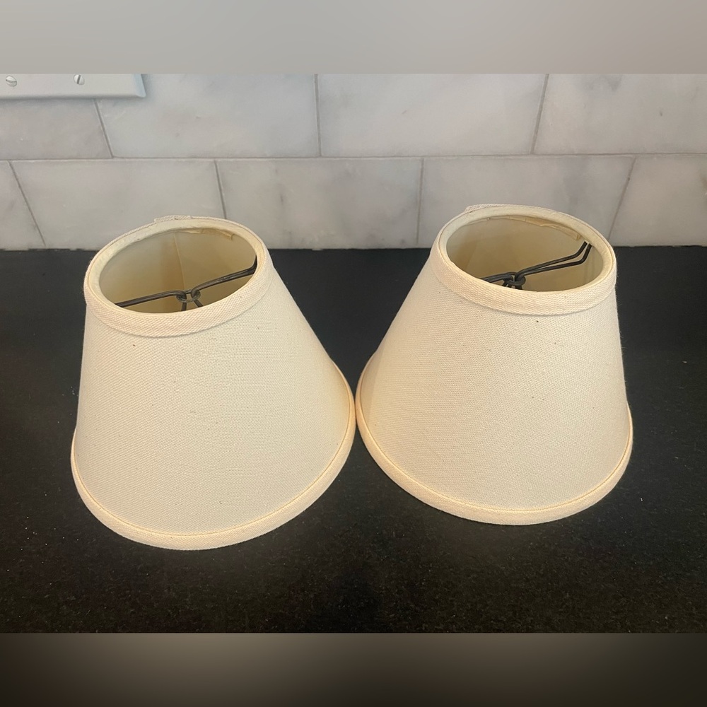 Set of 2 small chandelier/ linen-look lamp shades clip on bulbs- NEW